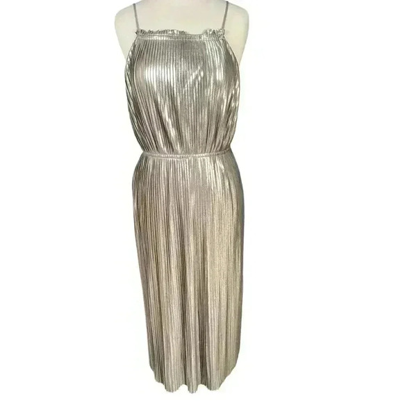 Banana Republic Metallic Pleated High Neck Strap Fit and Flare Dress Size 8 - Picture 4 of 16